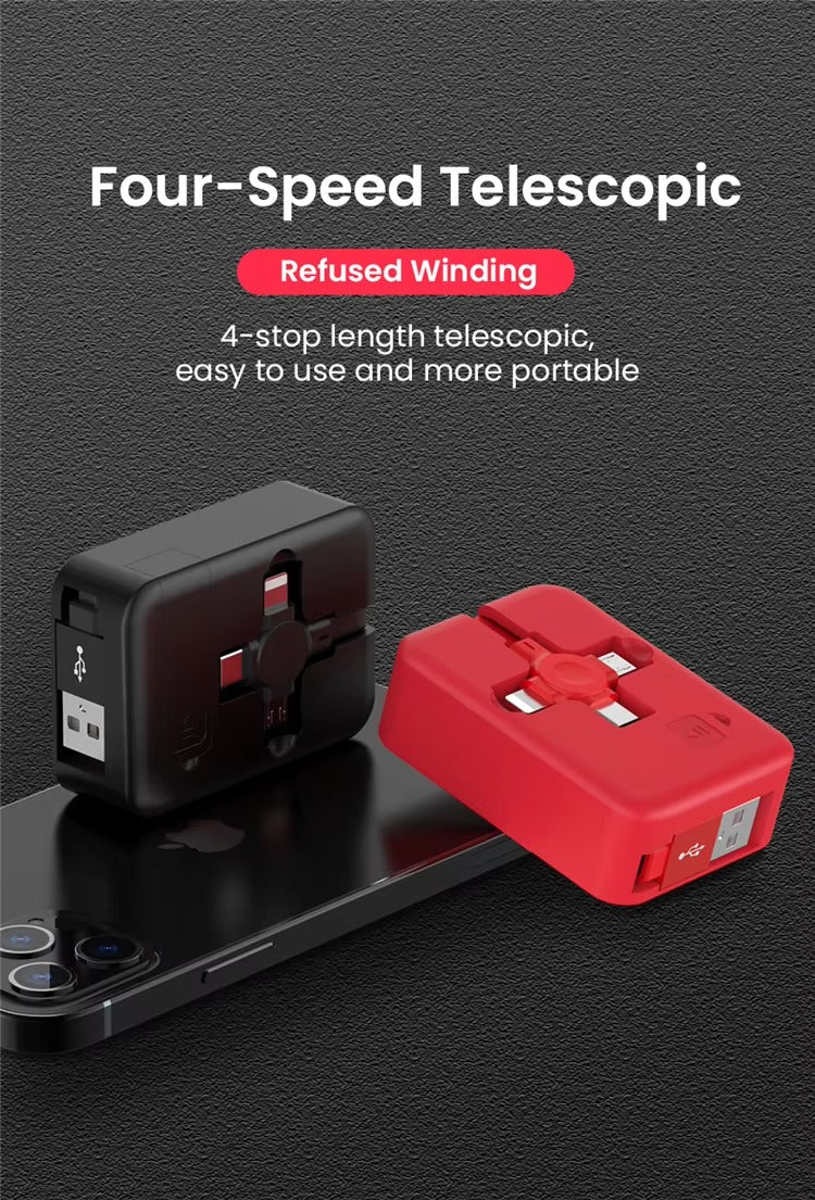 Flat 4 in 1 retractable USB charging cable with mobile phone stand-compatible with Type C, Micro USB, and Lightning.