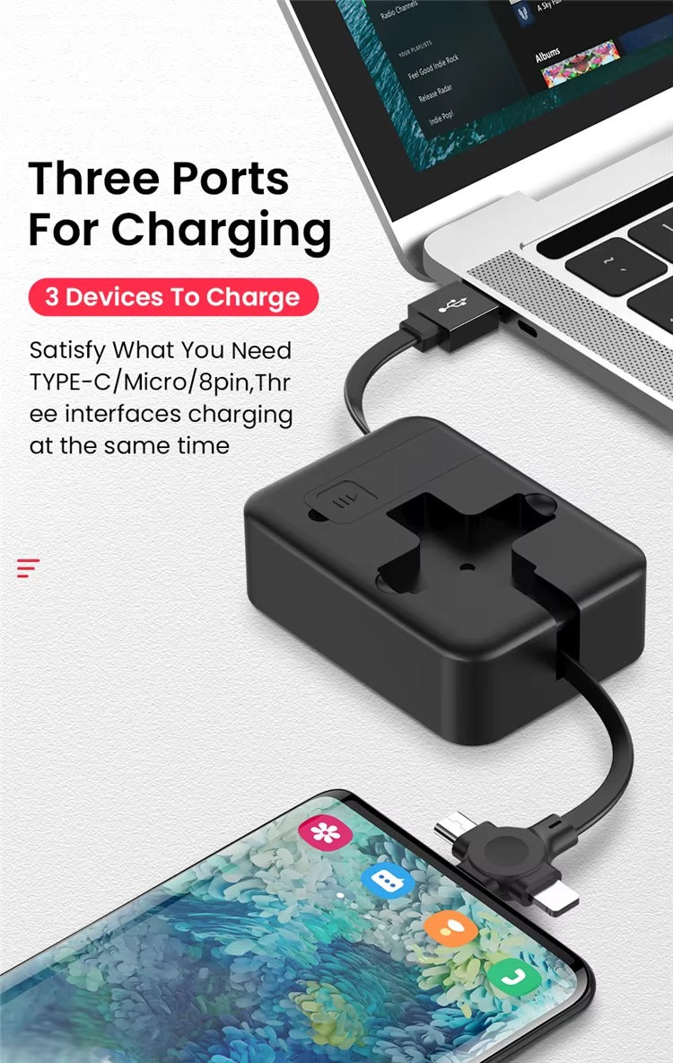 Portable 4 in 1 fast charging cable ideal for travel – compact and lightweight 45g build.