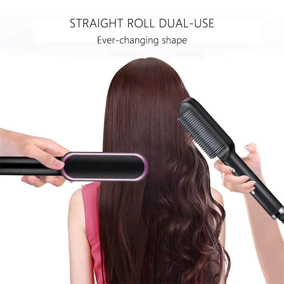 Multi-use hair straightening brush for silky hair without frizz and style on all types of hair.