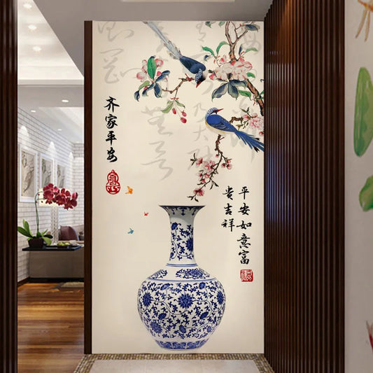 3D wall stickers for home decor – self-adhesive blue flower vase wall decal for bedroom and living room interior design.