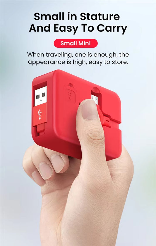 Flat 4 in 1 retractable USB charging cable with mobile stand – compatible with Type C, Micro USB, and Lightning.