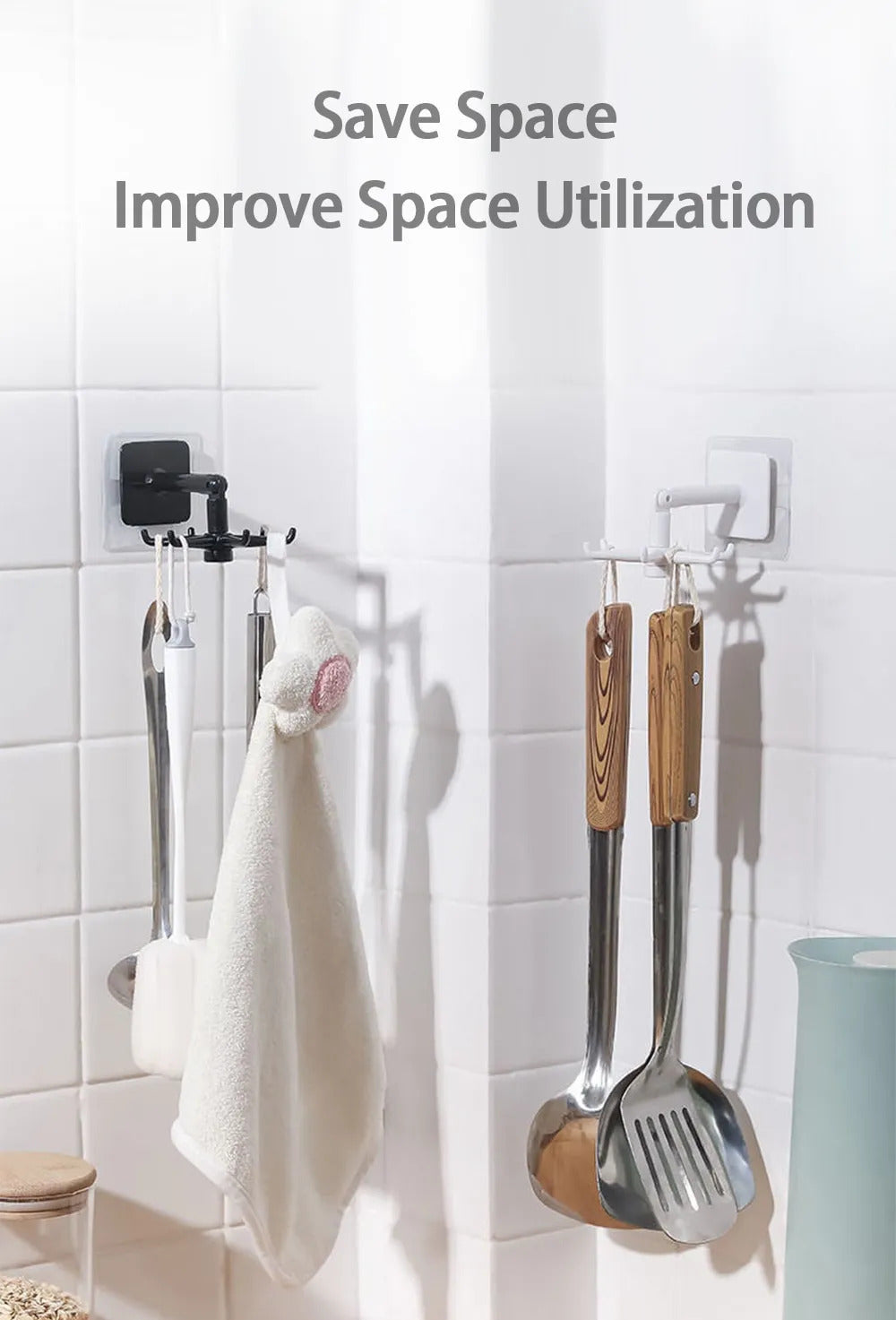 360° Rotating Kitchen Hook – No-Drill Self-Adhesive Kitchen Organizer & Multipurpose Hook 2 PAIRS